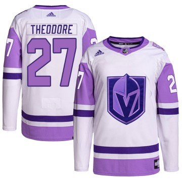 Authentic Adidas Men's Shea Theodore Vegas Golden Knights Hockey Fights Cancer Primegreen Jersey - White/Purple
